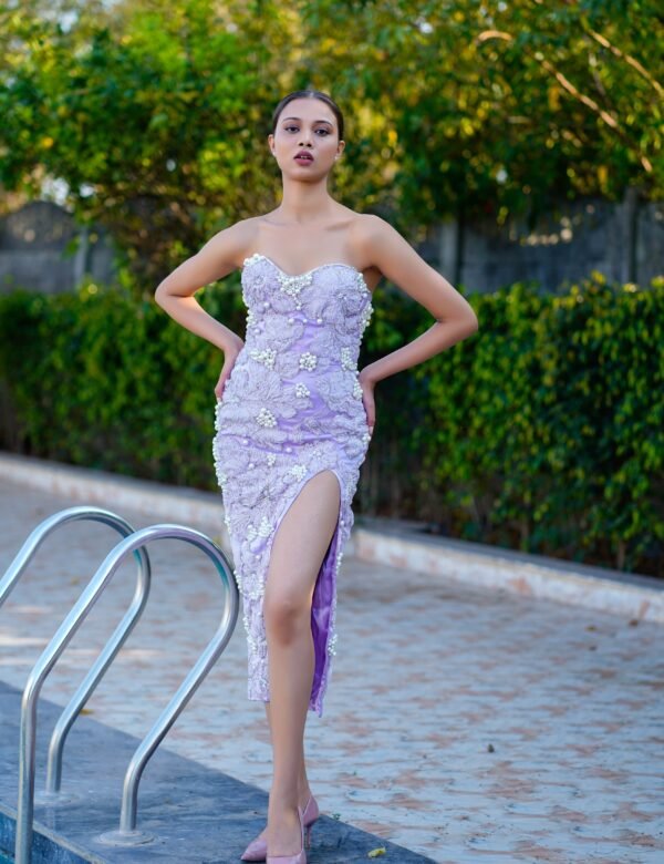 Lavender Floral Applique Strapless Midi Dres