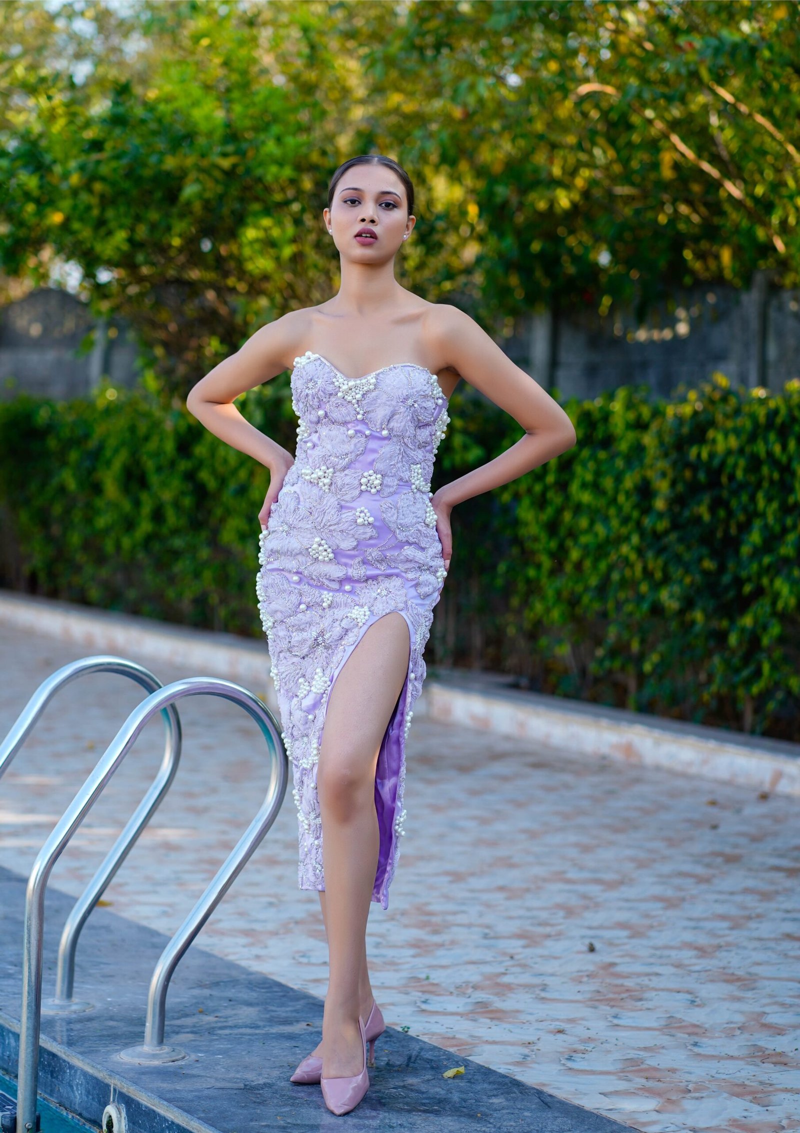 Lavender Floral Applique Strapless Midi Dres