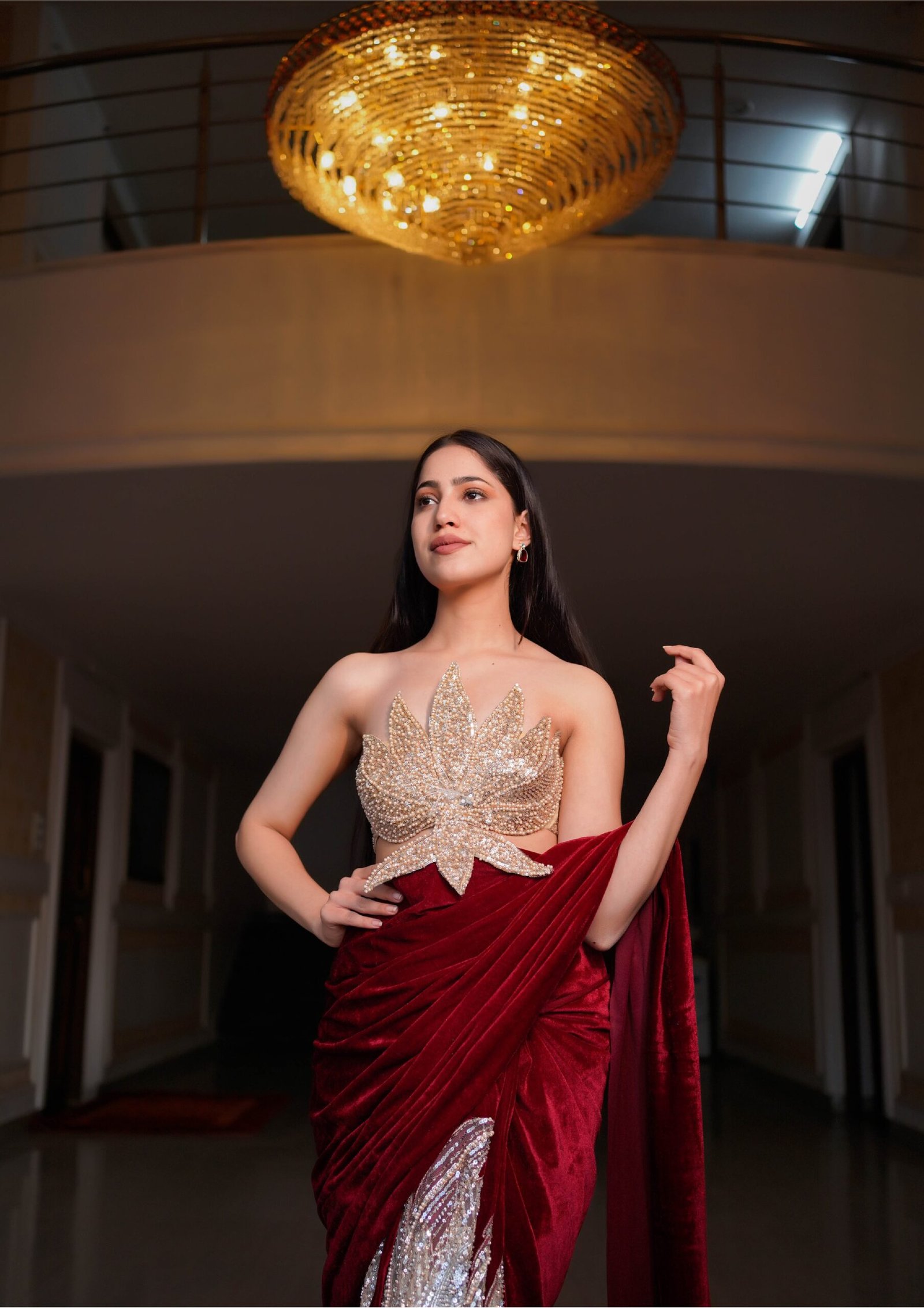 Regal Crimson Draped Saree with Golden Leaf Couture Blouse - Image 2