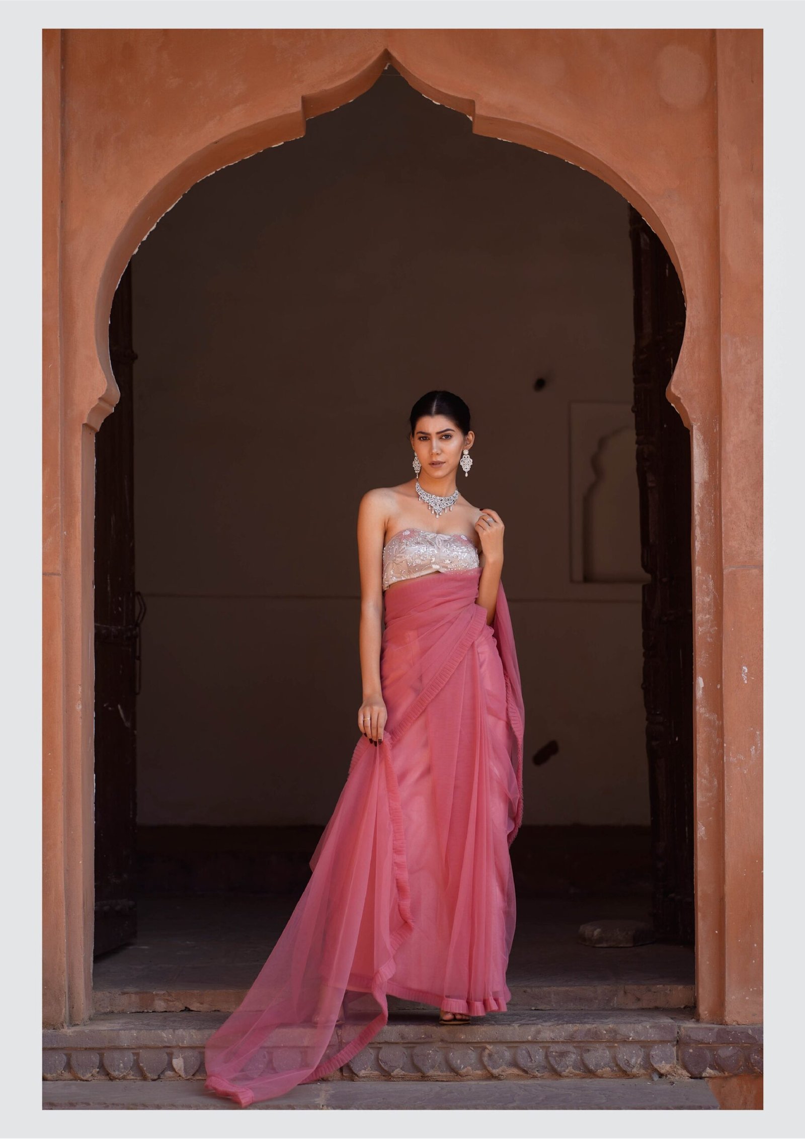Blush Rose Draped Saree with Crystal Embellished Blouse