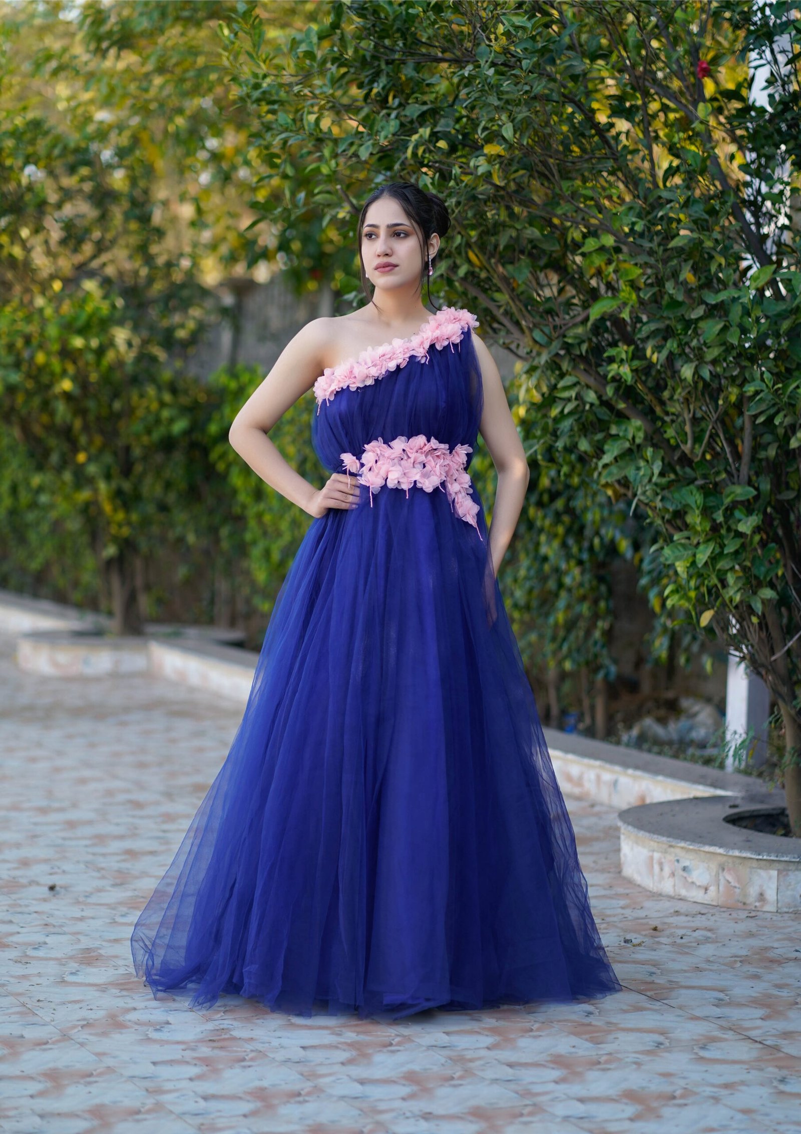 Midnight Bloom One-Shoulder Tulle Gown