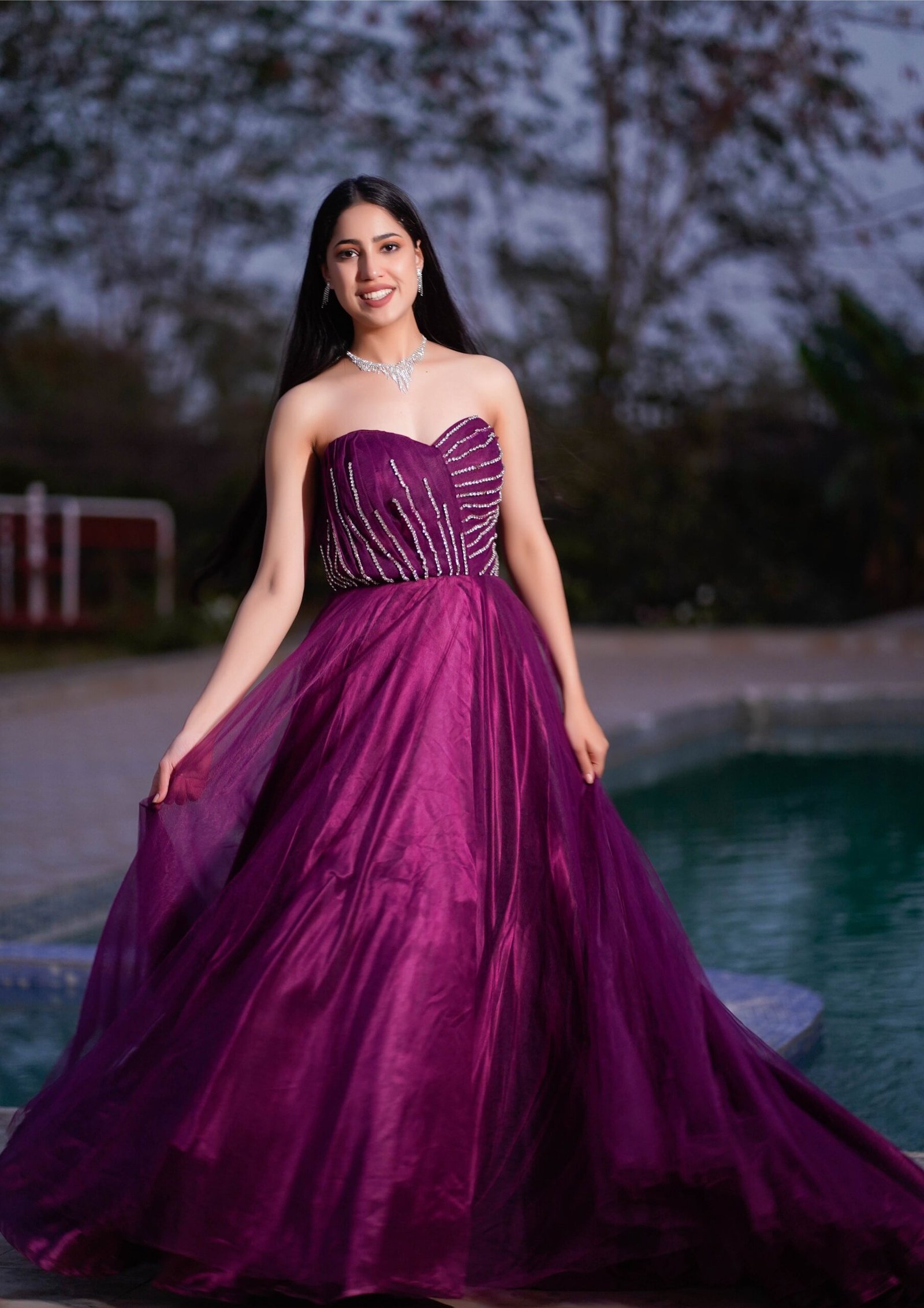 Royal Plum Strapless Embellished Ball Gown