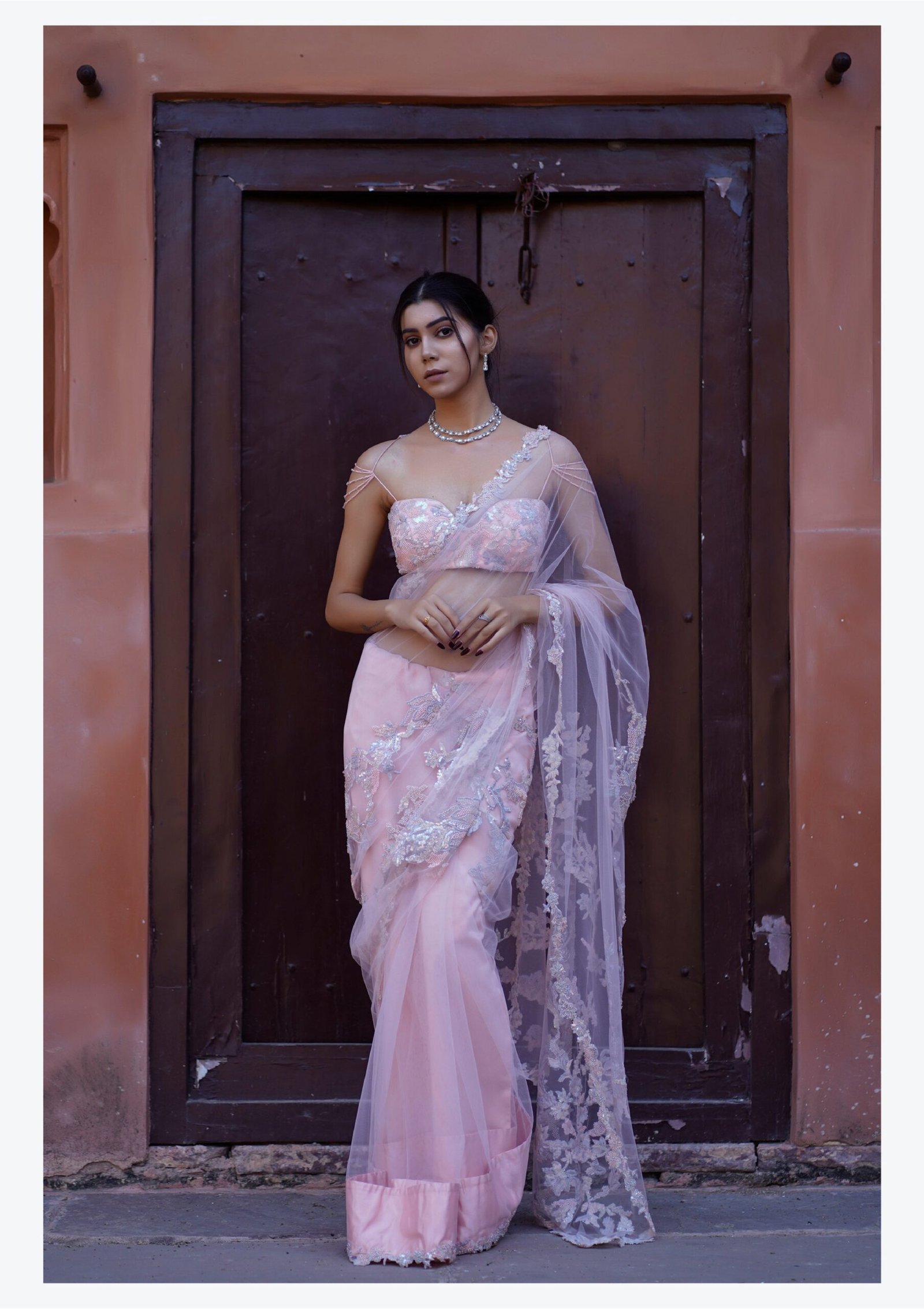 Blush Aura Embroidered Saree Set